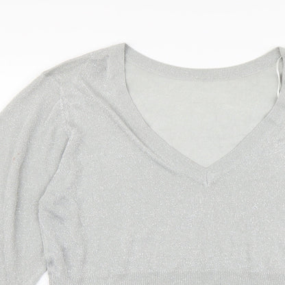 VILA Womens Silver V-Neck Viscose Henley Jumper Size L