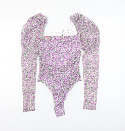 Naanaa Womens Purple Floral Polyester Bodysuit One-Piece Size 8 Button