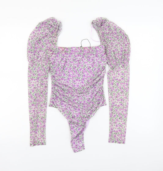 Naanaa Womens Purple Floral Polyester Bodysuit One-Piece Size 8 Button