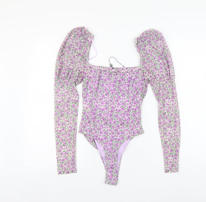 Naanaa Womens Purple Floral Polyester Bodysuit One-Piece Size 8 Button
