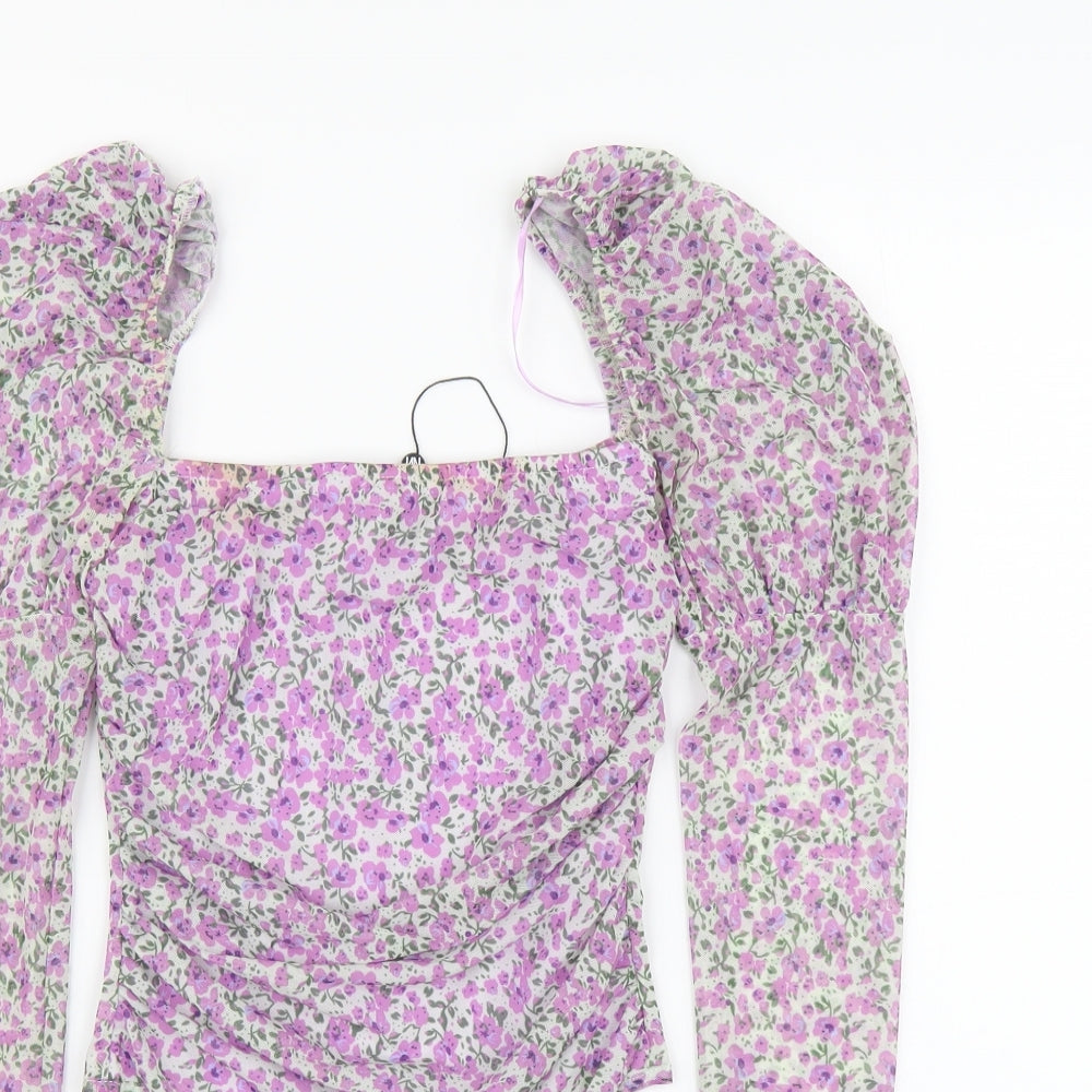 Naanaa Womens Purple Floral Polyester Bodysuit One-Piece Size 8 Button