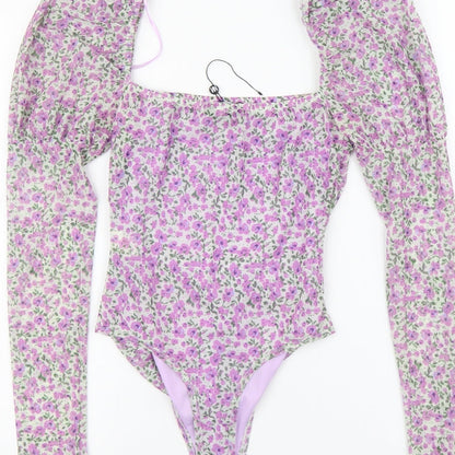 Naanaa Womens Purple Floral Polyester Bodysuit One-Piece Size 8 Button