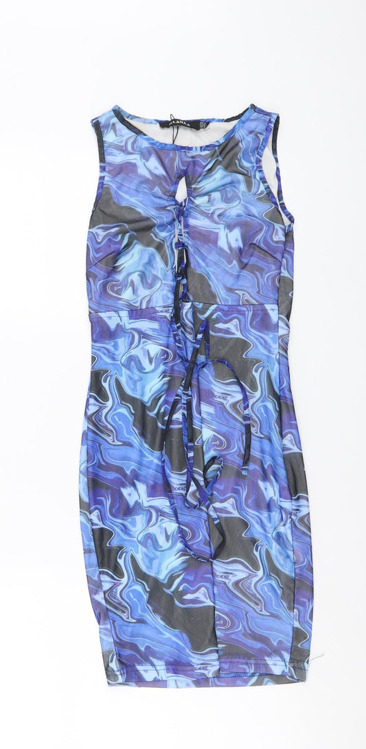 Naanaa Womens Blue Geometric Polyester Bodycon Size 6 Round Neck Pullover