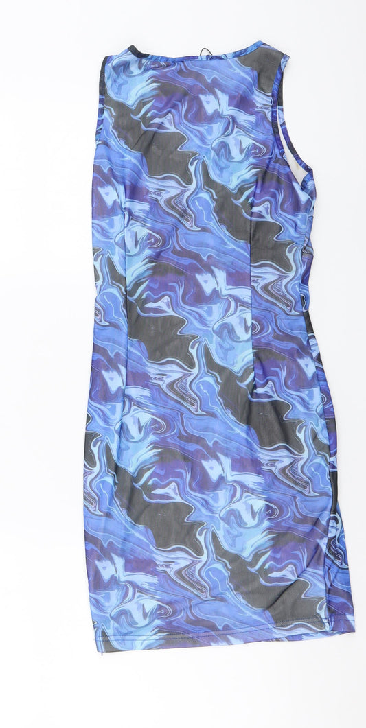 Naanaa Womens Blue Geometric Polyester Bodycon Size 6 Round Neck Pullover