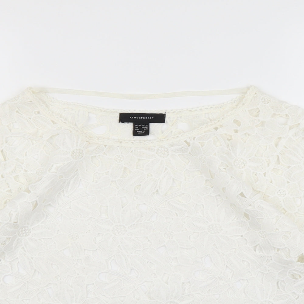 Atmosphere Womens White Floral Polyester Basic Blouse Size 10 Round Neck