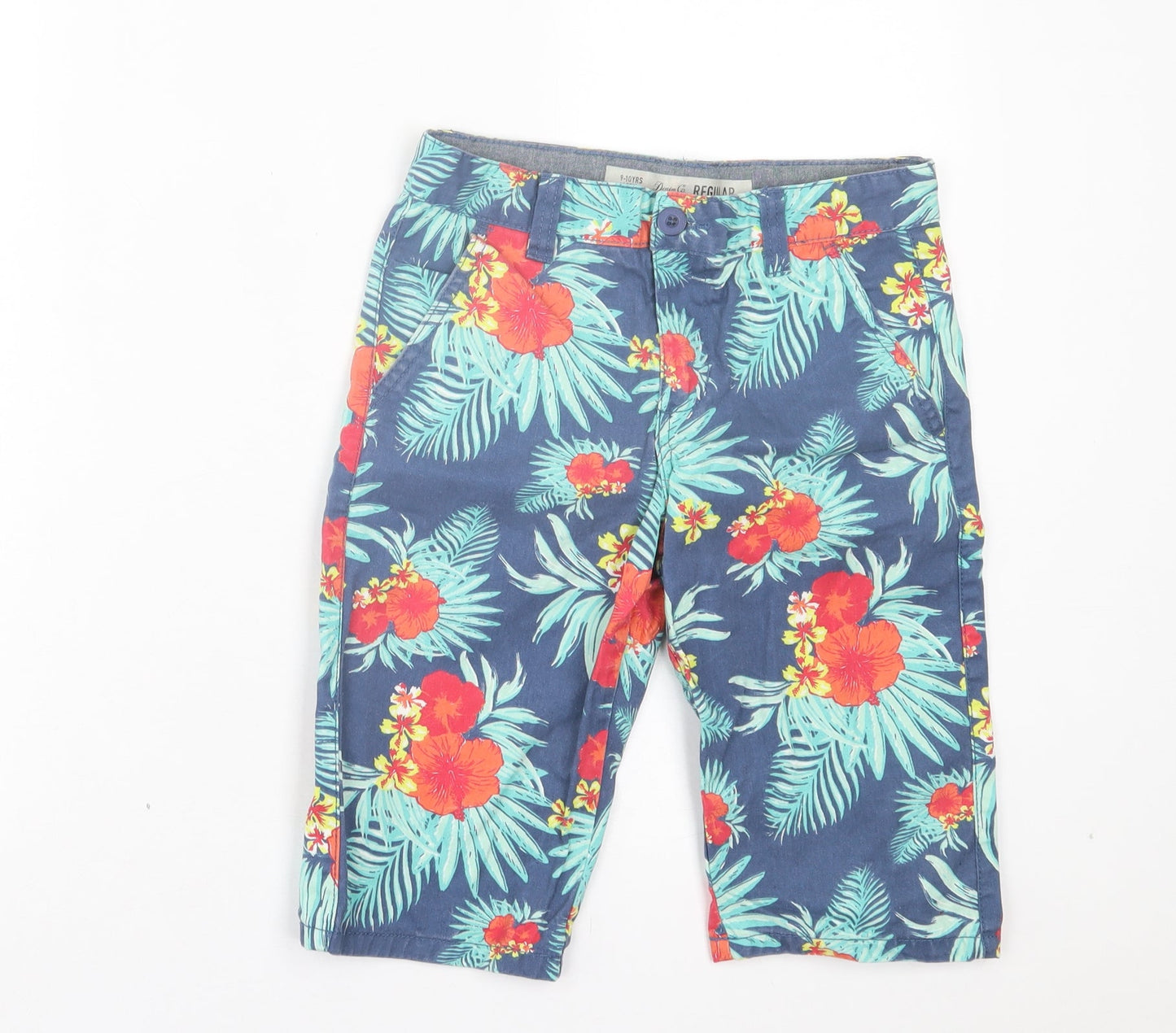 Denim & Co. Boys Blue Floral Cotton Bermuda Shorts Size 9-10 Years Regular Buckle