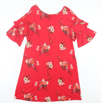 George Womens Red Floral Viscose A-Line Size 10 Crew Neck Pullover - Frill Sleeves