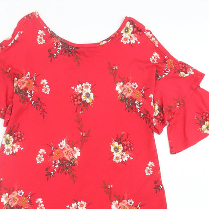 George Womens Red Floral Viscose A-Line Size 10 Crew Neck Pullover - Frill Sleeves