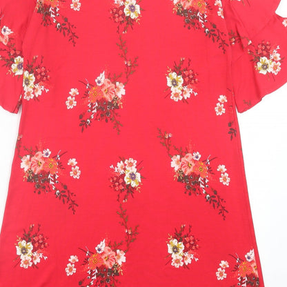 George Womens Red Floral Viscose A-Line Size 10 Crew Neck Pullover - Frill Sleeves