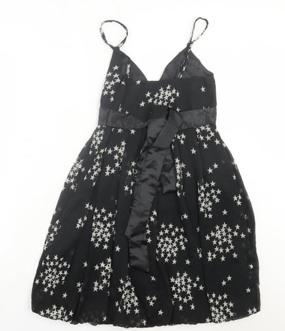 Oli Womens Black Geometric Polyester A-Line Size 10 V-Neck Pullover - Star Pattern
