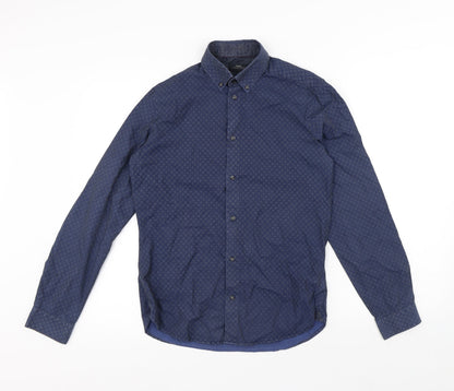 NEXT Mens Blue Geometric Cotton Button-Up Size S Collared Button