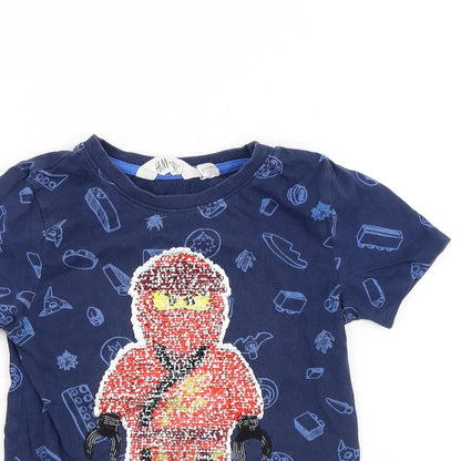 H&M Boys Blue Geometric Cotton Basic T-Shirt Size 6-7 Years Round Neck - Lego Ninjago