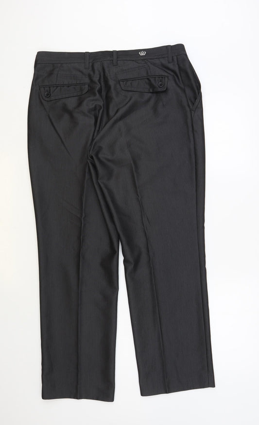 NEXT Mens Grey Striped Polyester Trousers Size 34 in L29 in Regular Button