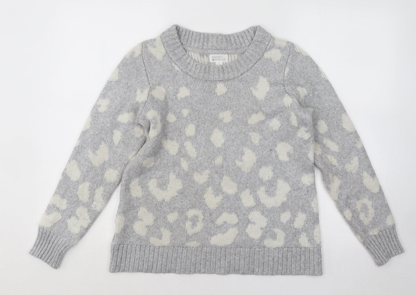 Market & Spruce Womens Grey Round Neck Animal Print Viscose Pullover Jumper Size S