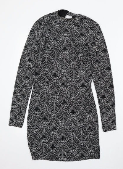 Divided by H&M Womens Black Geometric Polyester Bodycon Size 14 Round Neck Hook & Eye