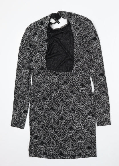 Divided by H&M Womens Black Geometric Polyester Bodycon Size 14 Round Neck Hook & Eye