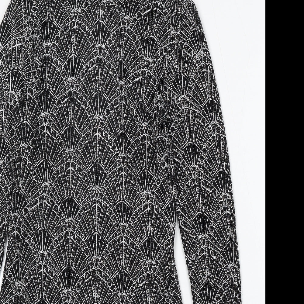 Divided by H&M Womens Black Geometric Polyester Bodycon Size 14 Round Neck Hook & Eye