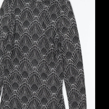 Divided by H&M Womens Black Geometric Polyester Bodycon Size 14 Round Neck Hook & Eye