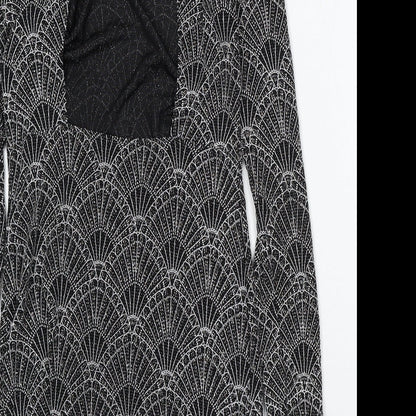 Divided by H&M Womens Black Geometric Polyester Bodycon Size 14 Round Neck Hook & Eye