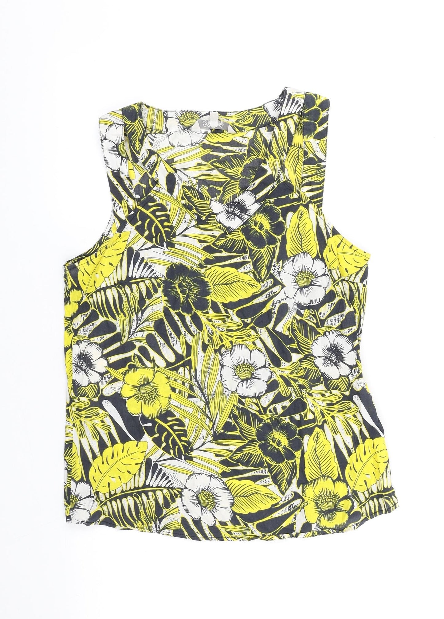 Peackocks Womens Yellow Floral 100% Cotton Tunic Blouse Size 10 V-Neck - V Neck