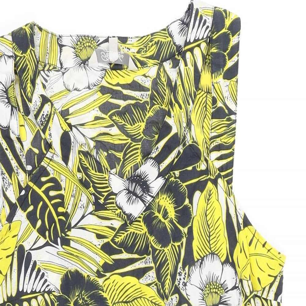 Peackocks Womens Yellow Floral 100% Cotton Tunic Blouse Size 10 V-Neck - V Neck