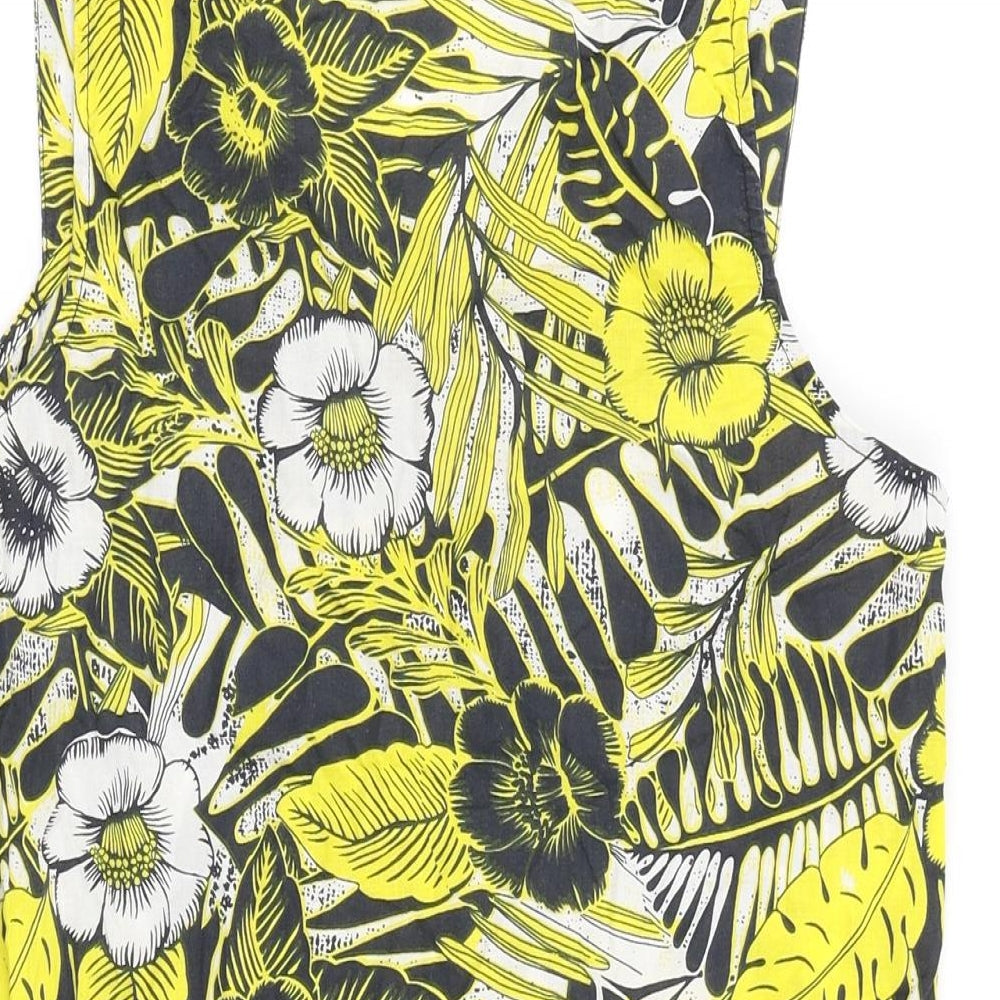 Peackocks Womens Yellow Floral 100% Cotton Tunic Blouse Size 10 V-Neck - V Neck
