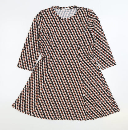 Primark Womens Multicoloured Geometric Polyester Skater Dress Size 12 Round Neck Pullover