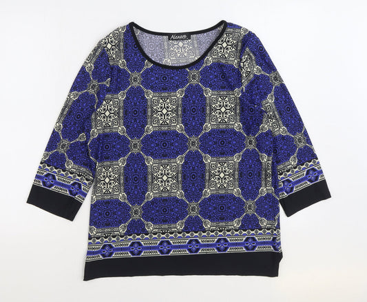 Alexara Womens Blue Geometric Polyester Basic Blouse Size 14 Scoop Neck