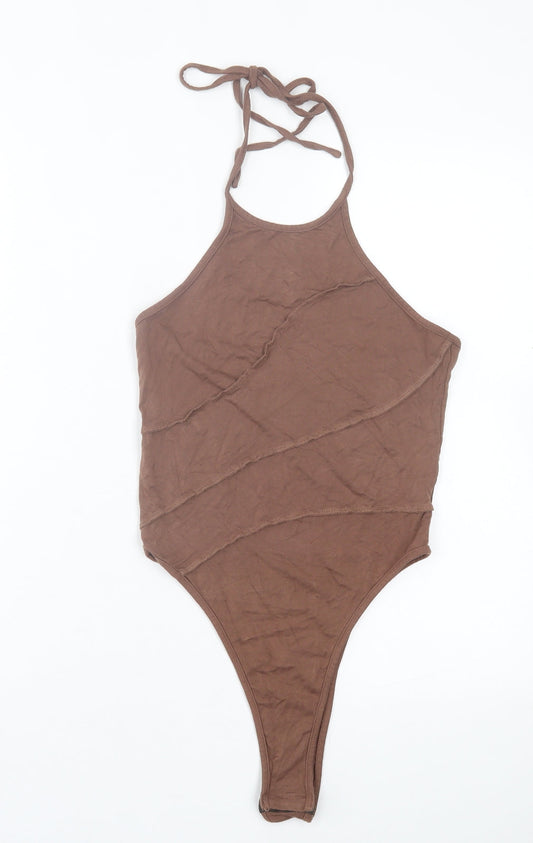 SheIn Womens Brown Viscose Bodysuit One-Piece Size S Snap - Tie Neck