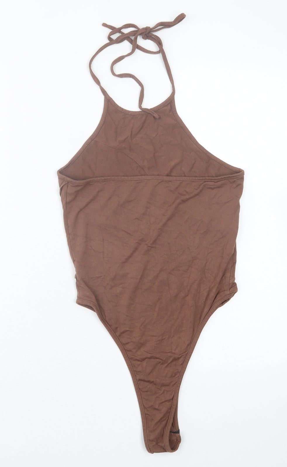 SheIn Womens Brown Viscose Bodysuit One-Piece Size S Snap - Tie Neck