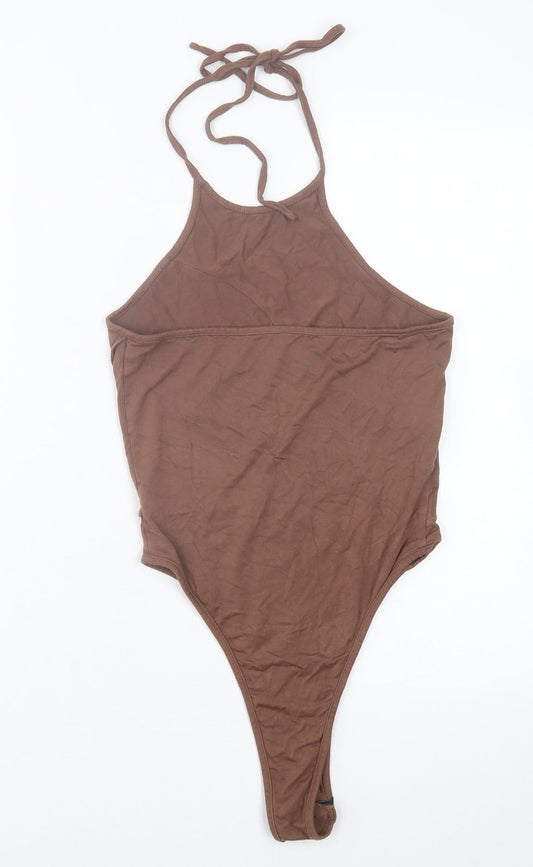 SheIn Womens Brown Viscose Bodysuit One-Piece Size S Snap - Tie Neck