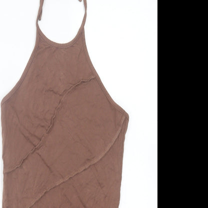 SheIn Womens Brown Viscose Bodysuit One-Piece Size S Snap - Tie Neck