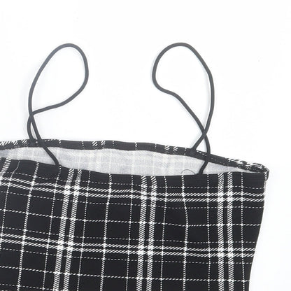 SheIn Womens Black Plaid Polyester Cropped Tank Size S Square Neck