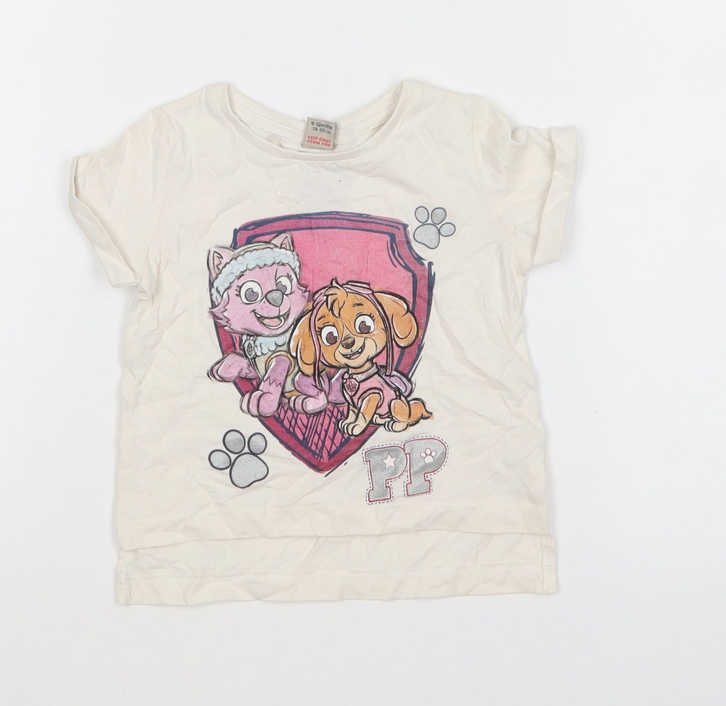 TU Girls White Cotton Basic T-Shirt Size 9-12 Months Round Neck Pullover - Paw Patrol