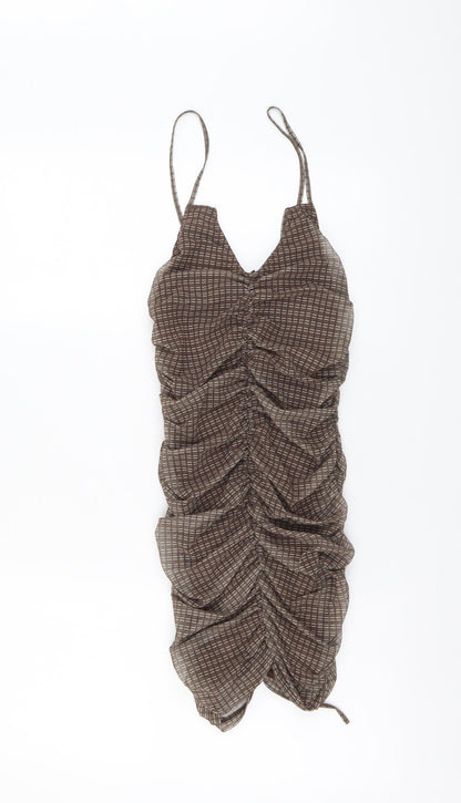 Motel Womens Brown Geometric Polyester Mini Size S V-Neck Pullover