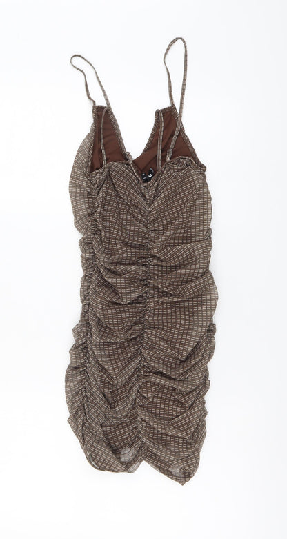 Motel Womens Brown Geometric Polyester Mini Size S V-Neck Pullover