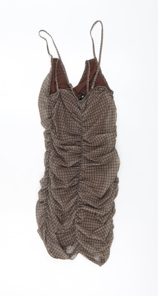 Motel Womens Brown Geometric Polyester Mini Size S V-Neck Pullover