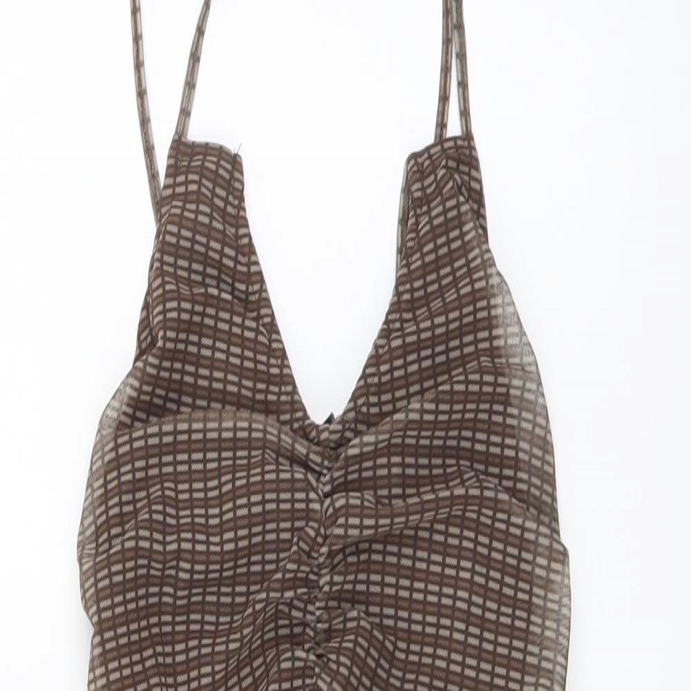 Motel Womens Brown Geometric Polyester Mini Size S V-Neck Pullover