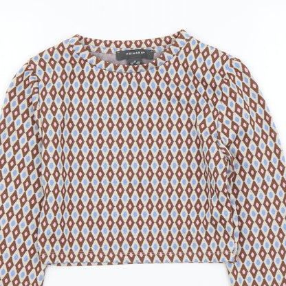 Primark Womens Multicoloured Geometric Polyester Cropped T-Shirt Size XS Round Neck