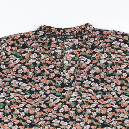 SheIn Womens Black Floral Polyester Basic Blouse Size L V-Neck