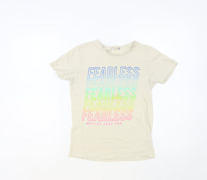 PEP&CO Boys Beige Cotton Pullover T-Shirt Size 10-11 Years Crew Neck Pullover - Fearless