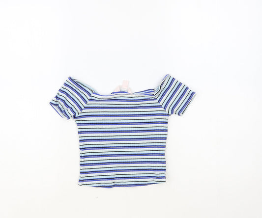 Miss Selfridge Womens Blue Striped Viscose Cropped T-Shirt Size 6 Off the Shoulder