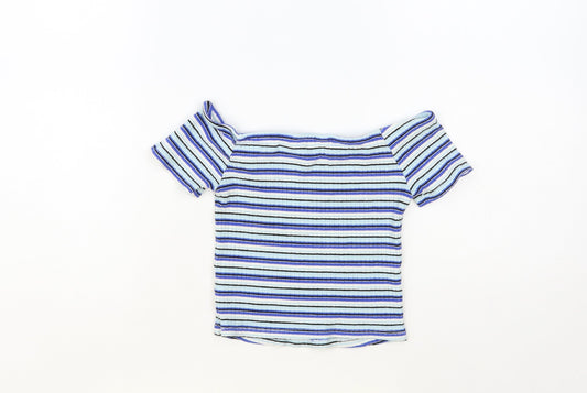 Miss Selfridge Womens Blue Striped Viscose Cropped T-Shirt Size 6 Off the Shoulder