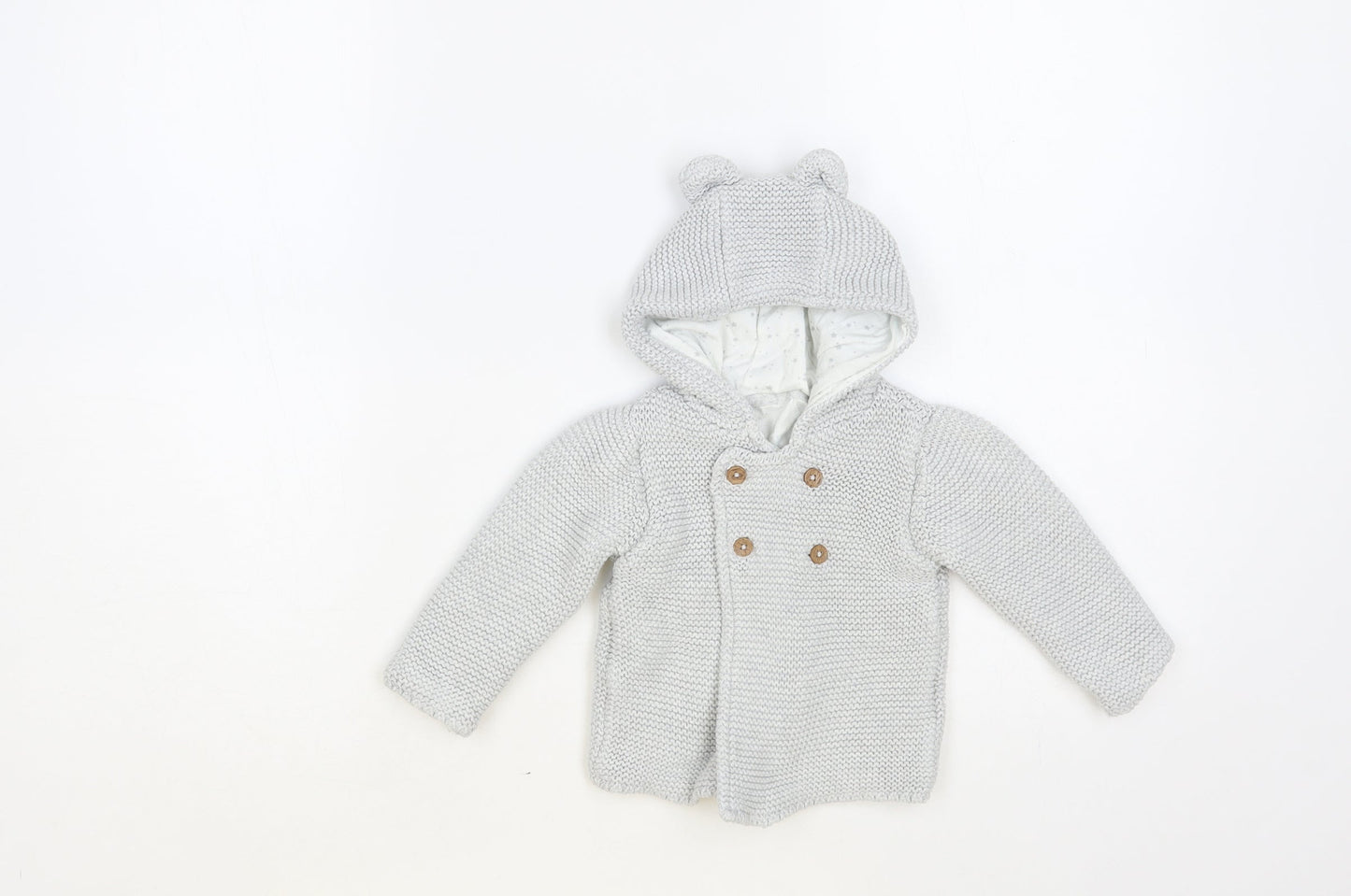 Marks and Spencer Baby Grey Cotton Cardigan Jumper Size 6-9 Months Button - Bear Hood