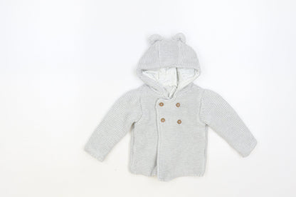 Marks and Spencer Baby Grey Cotton Cardigan Jumper Size 6-9 Months Button - Bear Hood