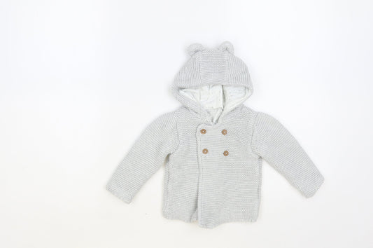 Marks and Spencer Baby Grey Cotton Cardigan Jumper Size 6-9 Months Button - Bear Hood