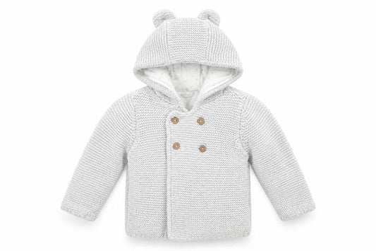 Marks and Spencer Baby Grey Cotton Cardigan Jumper Size 6-9 Months Button - Bear Hood