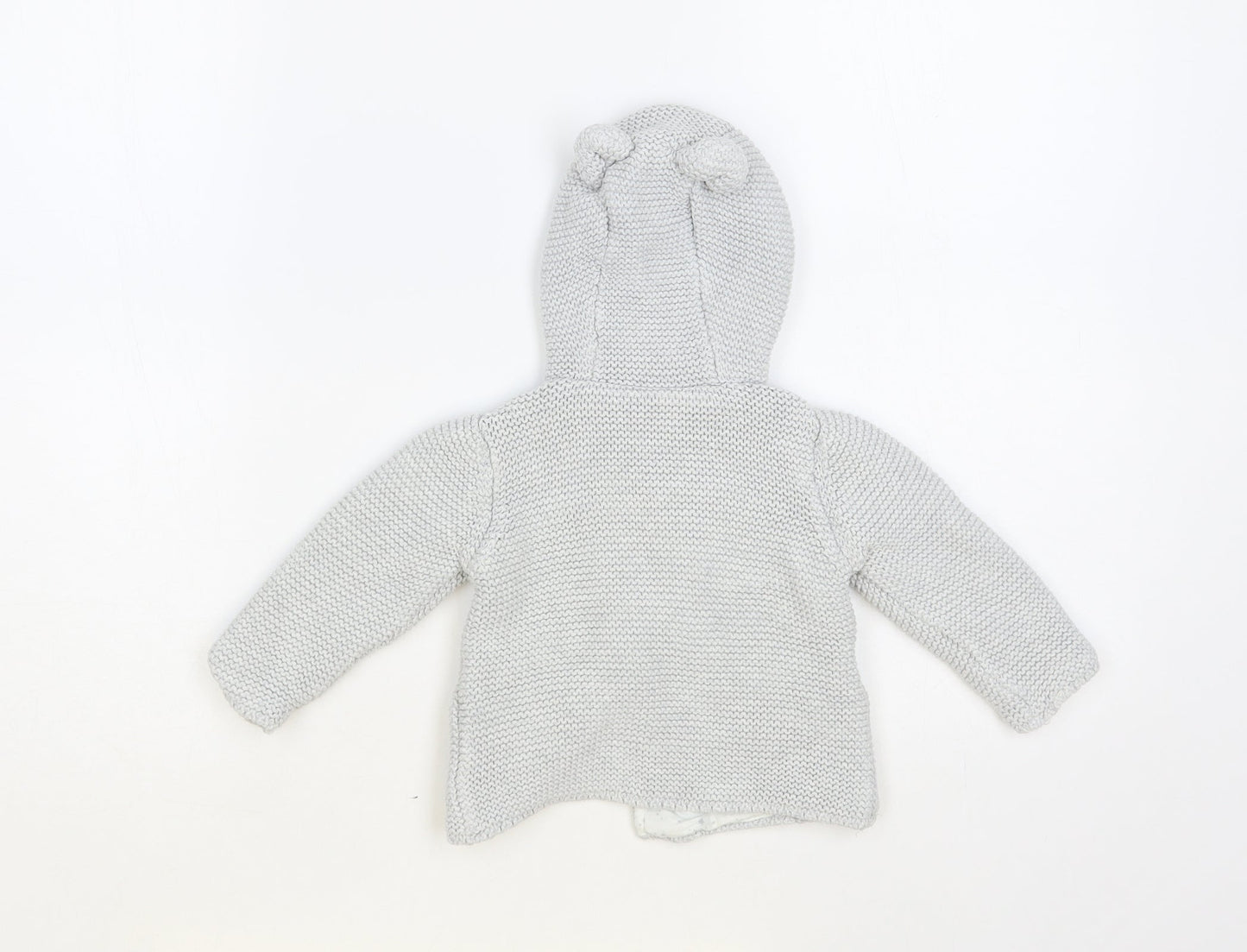 Marks and Spencer Baby Grey Cotton Cardigan Jumper Size 6-9 Months Button - Bear Hood