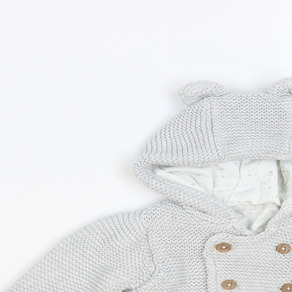 Marks and Spencer Baby Grey Cotton Cardigan Jumper Size 6-9 Months Button - Bear Hood