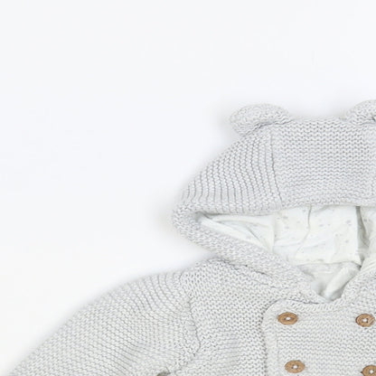 Marks and Spencer Baby Grey Cotton Cardigan Jumper Size 6-9 Months Button - Bear Hood